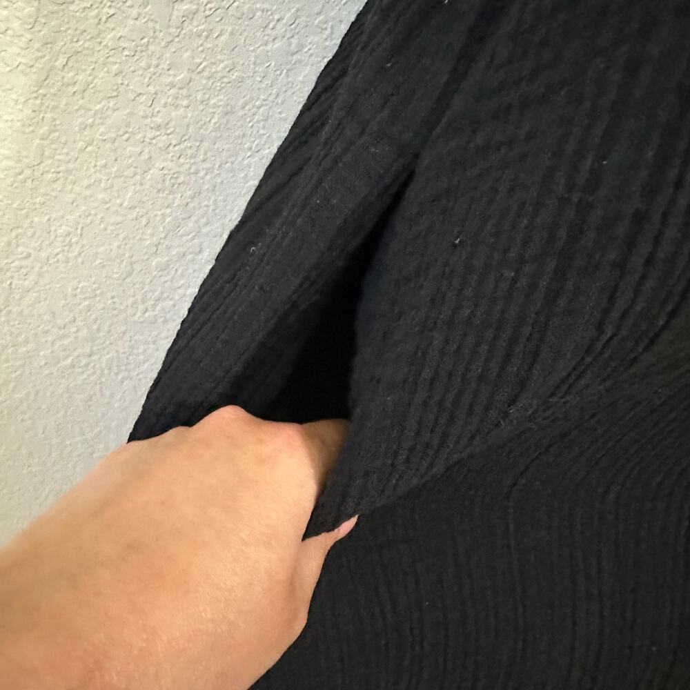 LAUDE THE LABEL Midi Dress Black Gauze Cotton Long Sleeve Seersucker - Picture 5 of 11